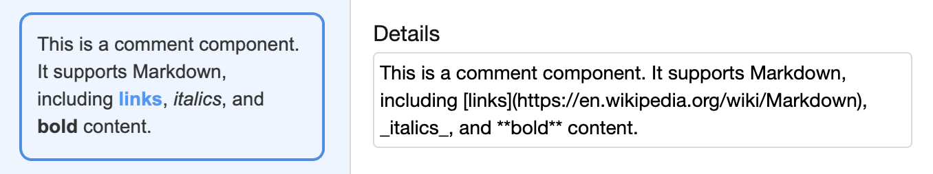 Comments component showing markdown