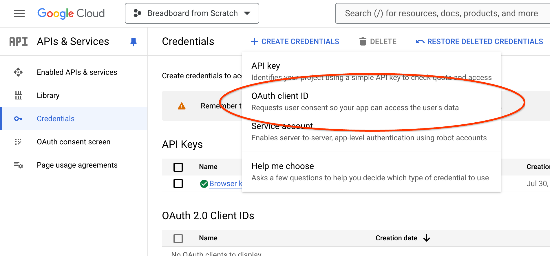 Screenshot - create OAuth client