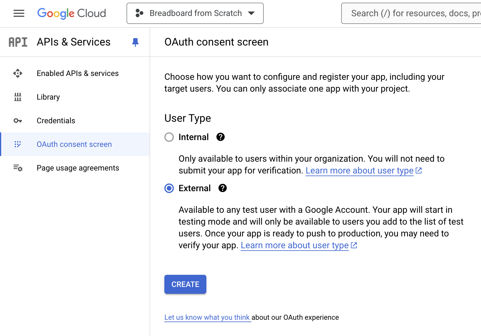 Screenshot - configure OAuth consent screen