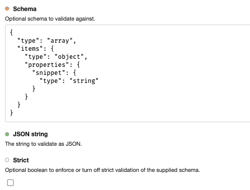 validateJson component input ports