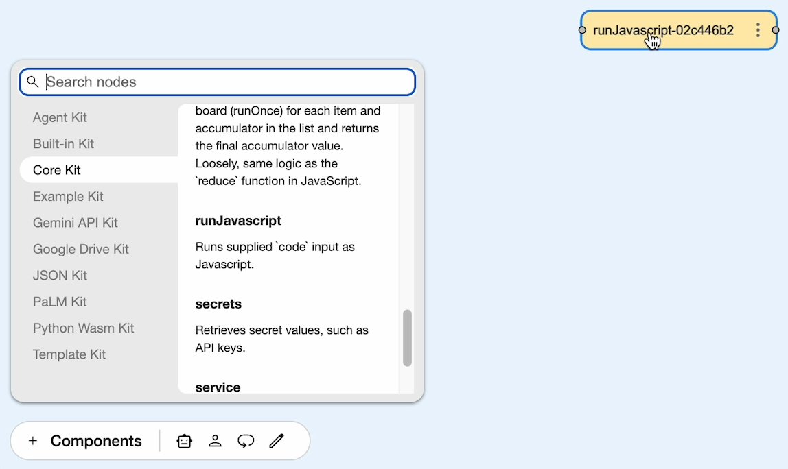 A runJavascript component being added to the board