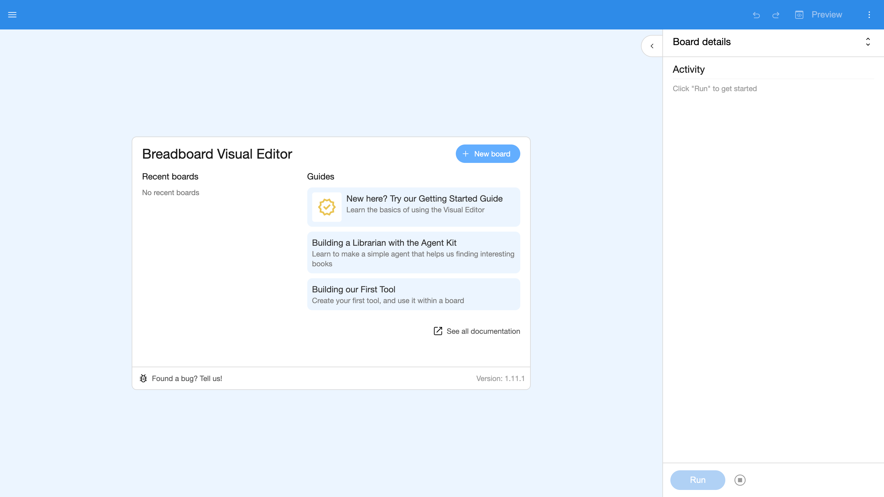 The initial view of the Breadboard Visual Editor