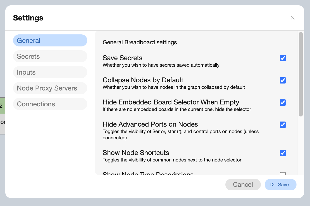 The settings view